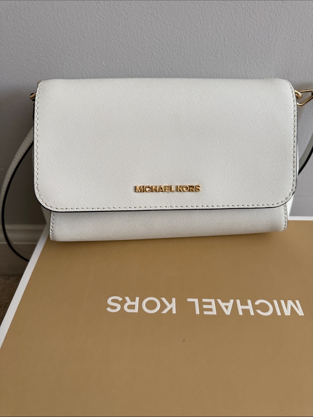 Michael Kors Ivory Saffiano Leather Crossbody with Gold Logo